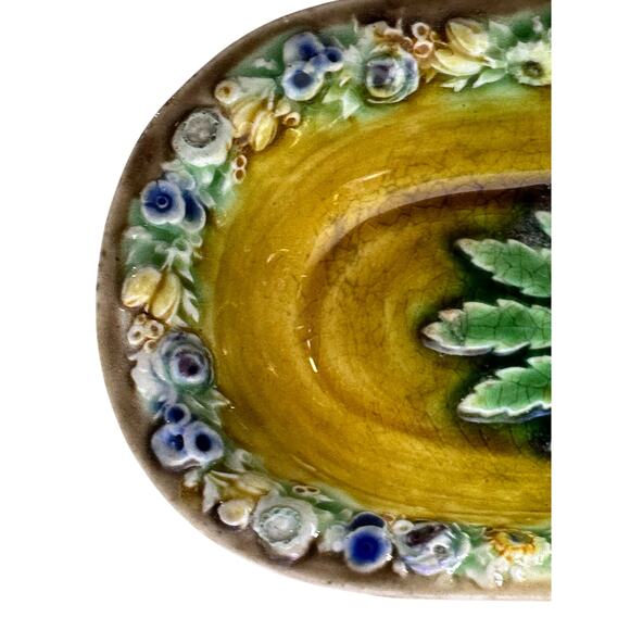 Wedgwood England Antique Late 1800's Majolica Small Oval Dish Floral Motifs-Rare - Picture 5 of 10